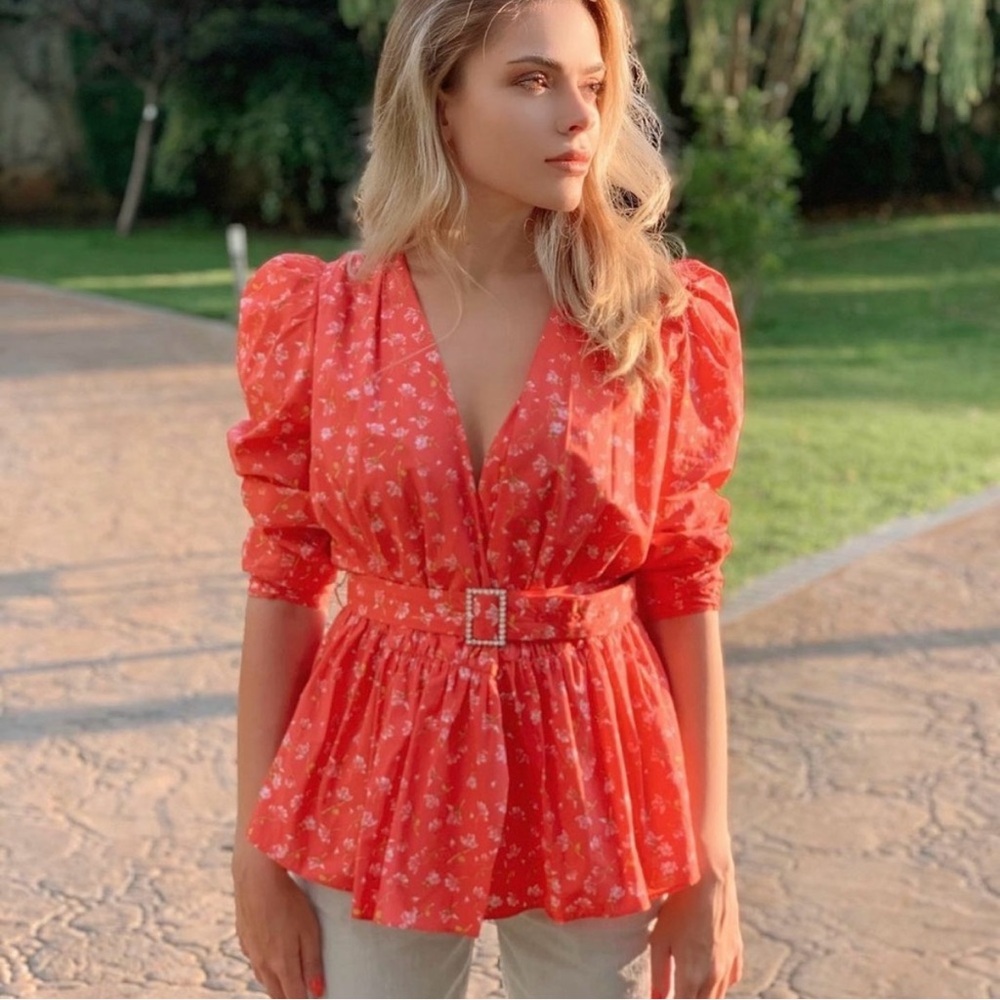 Zara Red Floral Print Wrap Top Belted V-Neck Sz M Feminine